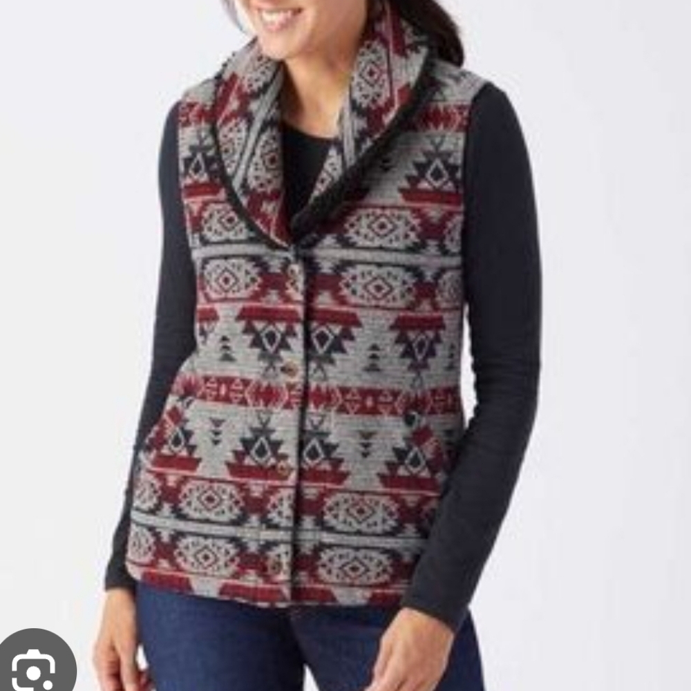 Duluth Trading Outdoor Vest Aztec Sherpa Gray & Maroon Women's SZ LG